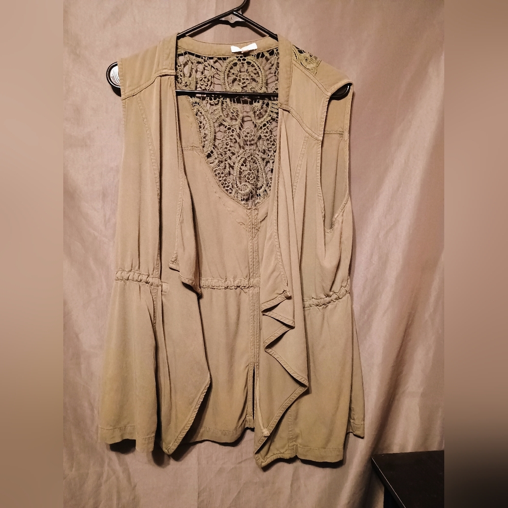 Maurice Olive Green Knotched Crocheted Open Front Vest